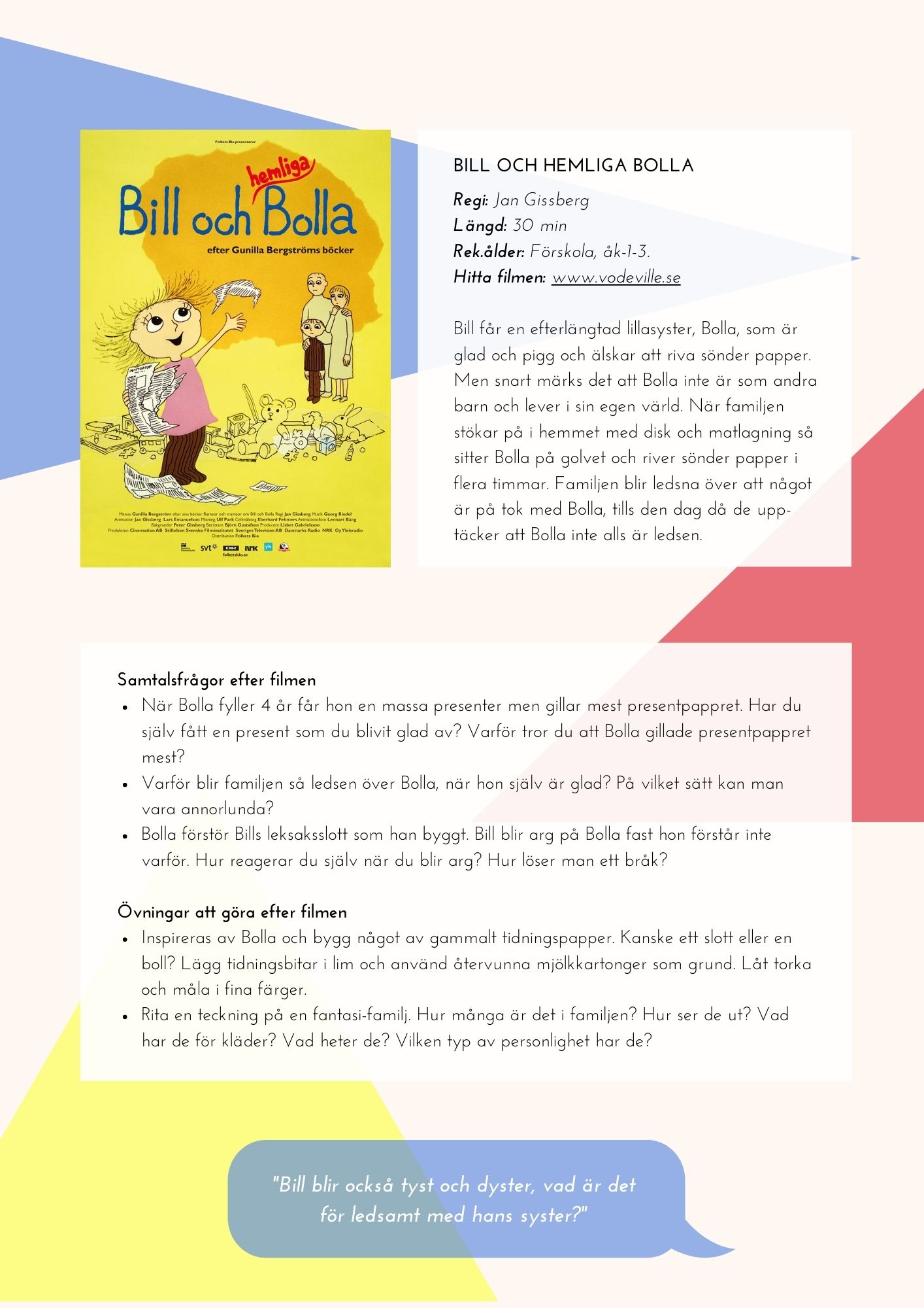 Informationssida för filmen Bill och hemliga Bolla