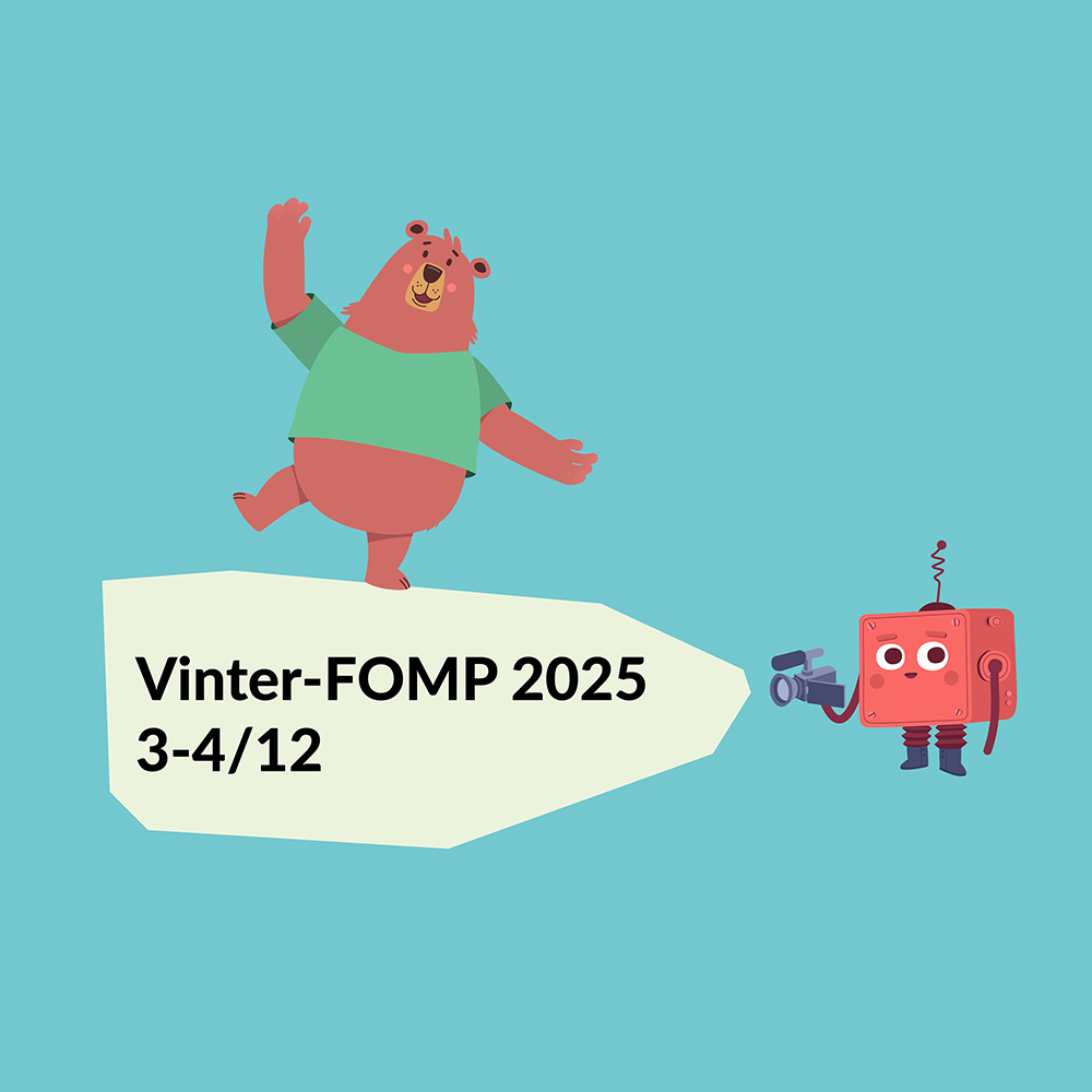 Vinter-FOMP_2025_banner_1x1 FOMP figurerna, en människa, en björn och en robot står mot en vintrig bakgrund med granar och texten: VINTER FOMP